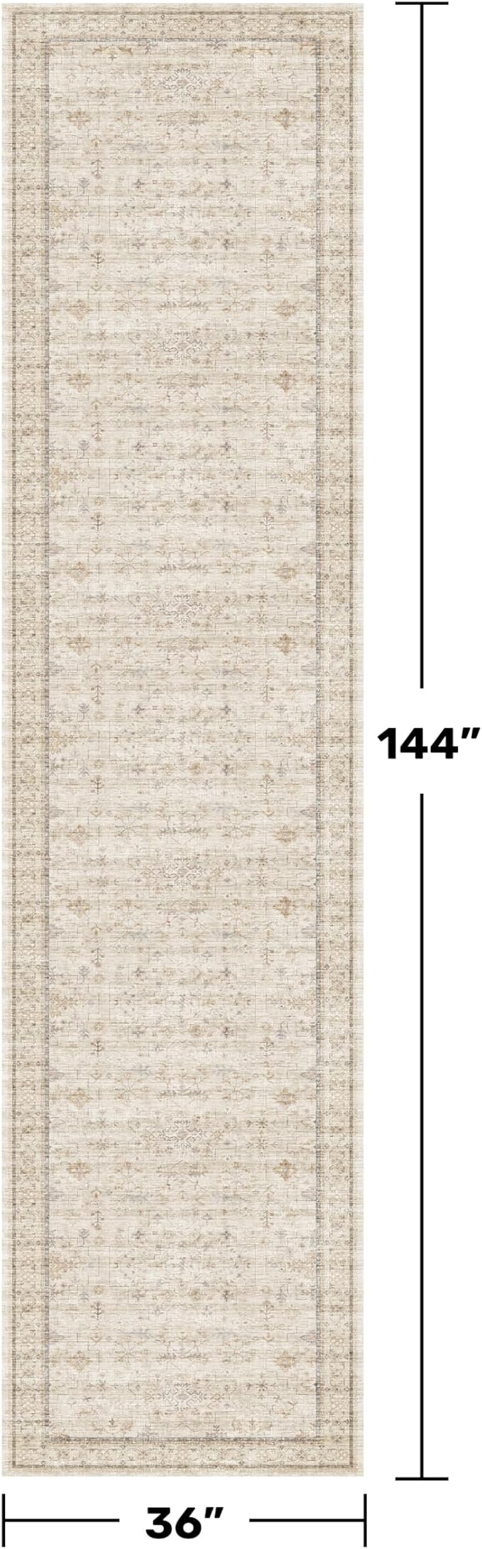 Beige Floral 3X12 Washable Long Hallway Runner Rug, Non-Slip Low-Pile Farmhouse Kitchen Rug, Neutral Vintage Distressed Oriental Carpet, Non-Shedding, Stain & Fade Resistant Home Décor
