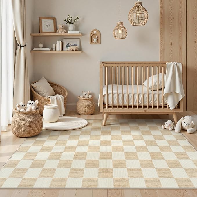 Machine Washable 5x7 Area Rugs for Living Room Checkered, Non Slip Soft Low Pile Farmhouse Geometric Modern Neutral Playroom Boys Rugs for Bedroom, Large Carpet Rugs for Dining Room(Ivory,5'x7')