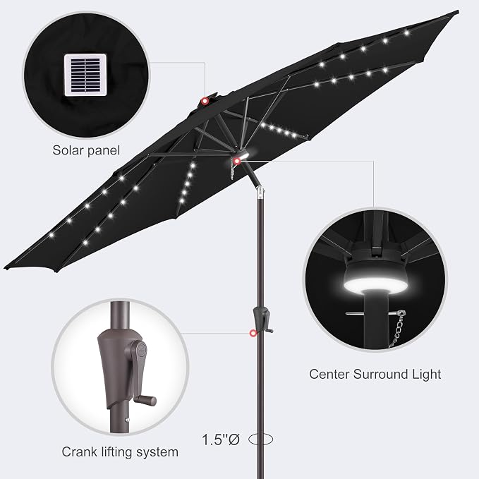 10FT Solar Umbrella Outdoor - Lighted Solar Patio Umbrella with 40 LED Lights Waterproof UV Protection, Table Umbrella with Tilt for Pool, Porch, Garden, Deck, Backyard (Black)