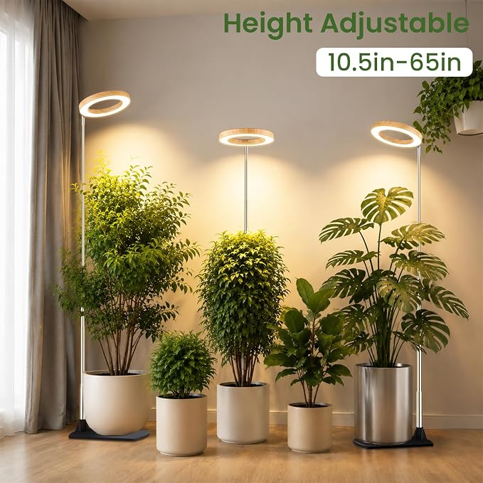LBW Grow Lights for Indoor Plants, 6.3" Full Spectrum Plant Light with Base, 65" Height Adjustable Grow Lamp, 6/8/12/16H Timer, 3 Colors, 5 Dimmable Levels, for Tall Large Plants, Bamboo Grain, 2 Pack