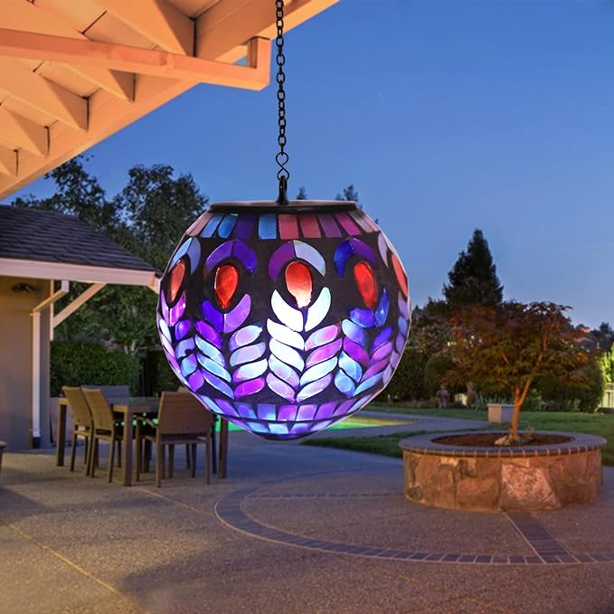 Mosaic Solar Lantern Outdoor Waterproof Glass Hanging Solar Lights, Black | Solar Hanging Lantern IP44 Waterproof Mosaic Gazing Ball with White LED Lights, Metal Hanging Chain, Outdoor Pathway Decor