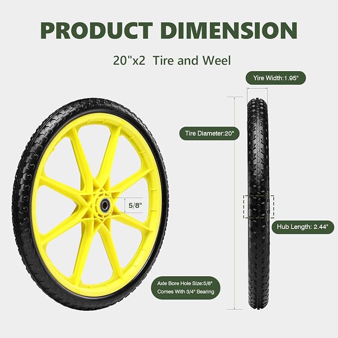 20"" Flat Free Tire and Wheel with 3/4"" & 5/8"" Bearing, Replacement Wheels for Rubbermaid Wheelbarrow,Lawn Carts, Big Wheel Utility Carts and Garden Yard Cart, 2 Pcs Yellow