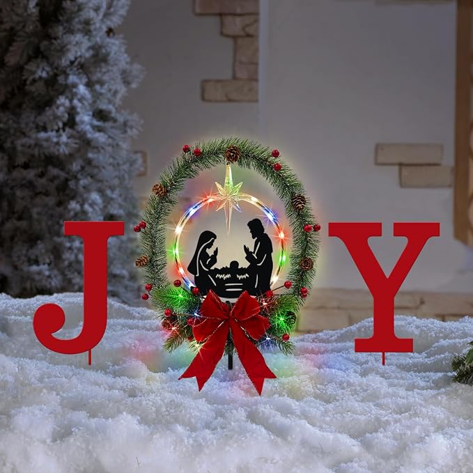 3Pack Solar Lights Christmas Joy Sign,Metal Nativity Scene Outdoor,Silhouette Nativity Set Decoration Outside for Yard Stake