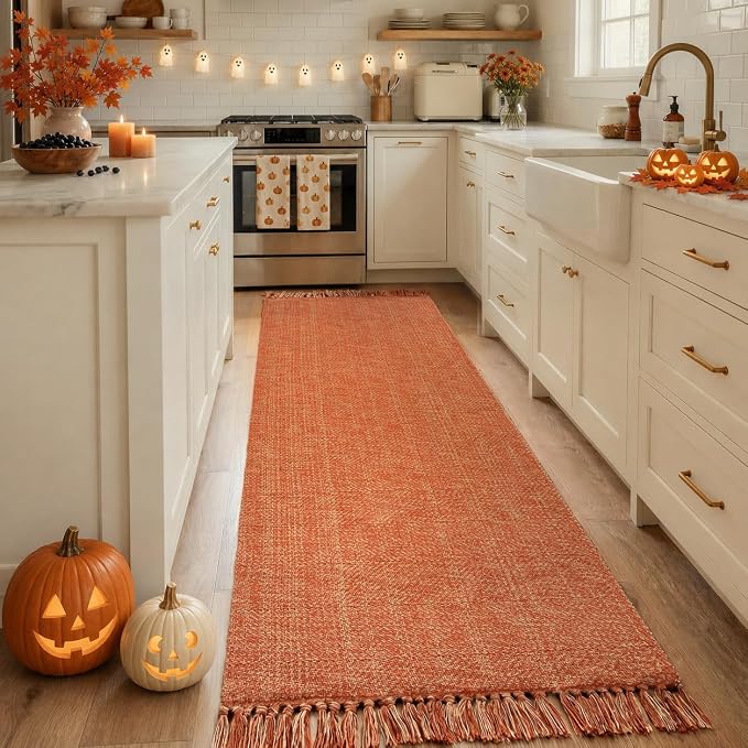 2.6' x 8' Fall Kitchen Runner Rug, Boho Farmhouse Rugs for Hallway | Modern Washable Bathroom Mat Terracotta Woven Entry Hall Rugs, Braided Bedside Carpet for Front Door Porch Patio Fall Decor