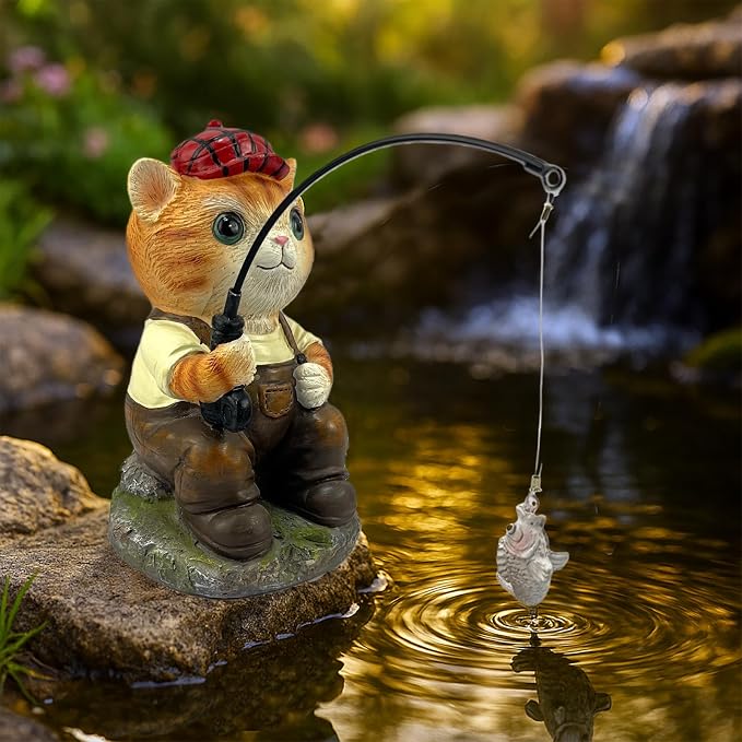 GARDEN WHISPER Cat Statue Outdoor Koi Pond Garden Decoration, Cat Decor for Yard 7.1'' Fishing Tabby Statue Outdoor Garden Decor, Fishing Guy for Waterfalls or Koi Pond Additioanl, Gifts for Mom
