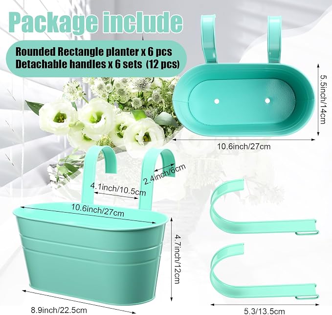 6 Pack Hanging Flower Pot Colorful Metal Iron Bucket Fence Hanging Planters with Detachable Hook Bucket Flower Holder for Railing Balcony Garden Yard Spring Decor(Round,10.6X 5.5 x 4.7 in)