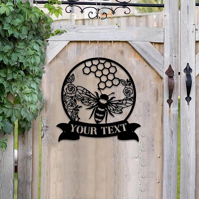 MeMate Garden Sign to Personalize, Bee Farm Sign, Custom Name Sign Metal for Bee Lovers, Bee Garden Art Decorations, Personalized Bee Farm Sign, 8-24 inches Large Metal Sign, Gift for Beekeeper