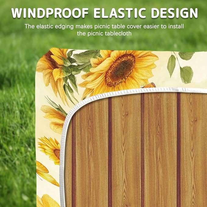 Picnic Table Cover with Bench Covers Elastic Edges, 3 Pcs Sunflower Fitted Table Cover with Drawstring Bag, Waterproof Windproof Aesthetic Camping Tablecloth, Outdoor Camping Essentials 72 Inch