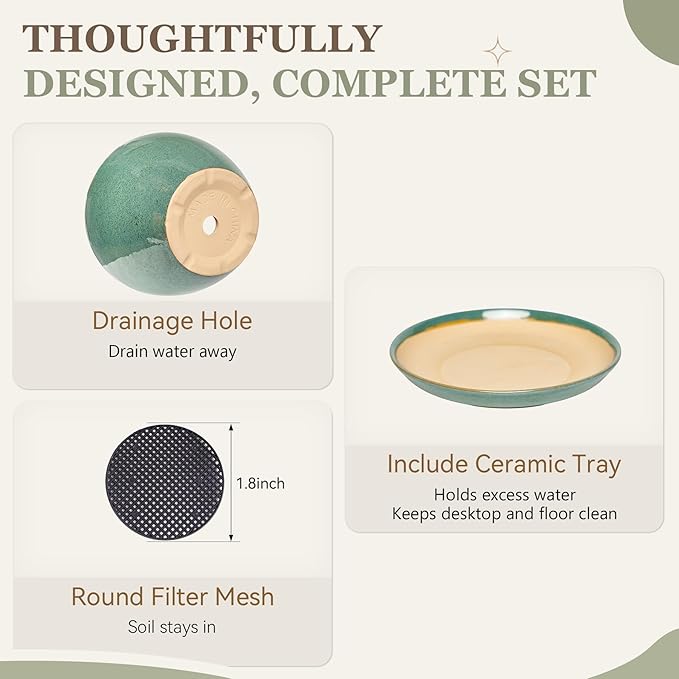 11 Inch Ceramic Plant Pot with Drainage Hole Mesh Net, Large Gardening Pots for Indoor Plants with Saucer, Blue-Green