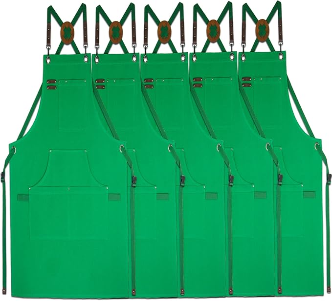 5 Pack Kitchen Apron, Work Apron, Canvas Apron, Green | Multiple Pockets, Gardening, Painting, BBQ, Artist, Carpenter, Sizes M to XXL