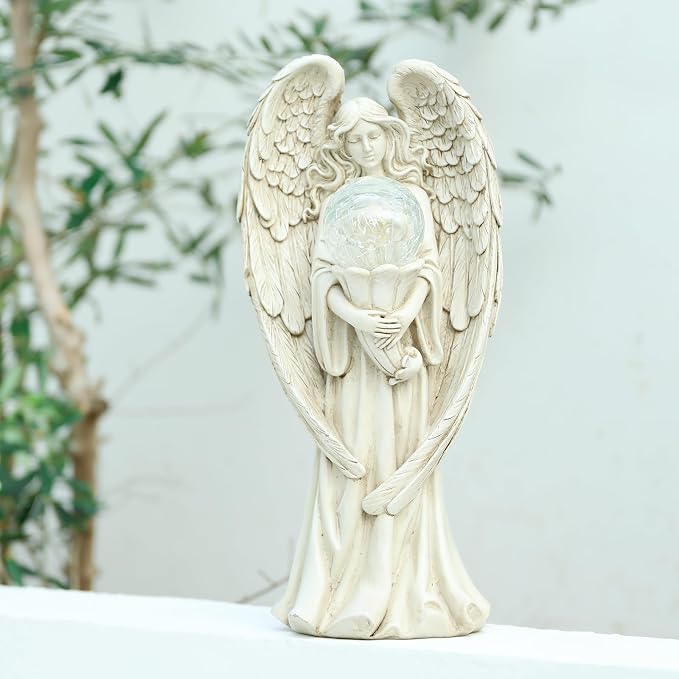 Angel Statues for Garden-Garden Angels Outdoor Statue - Solar Angels Figurines Holding Glass Ball Flower for Outdoor Decor or Housewarming