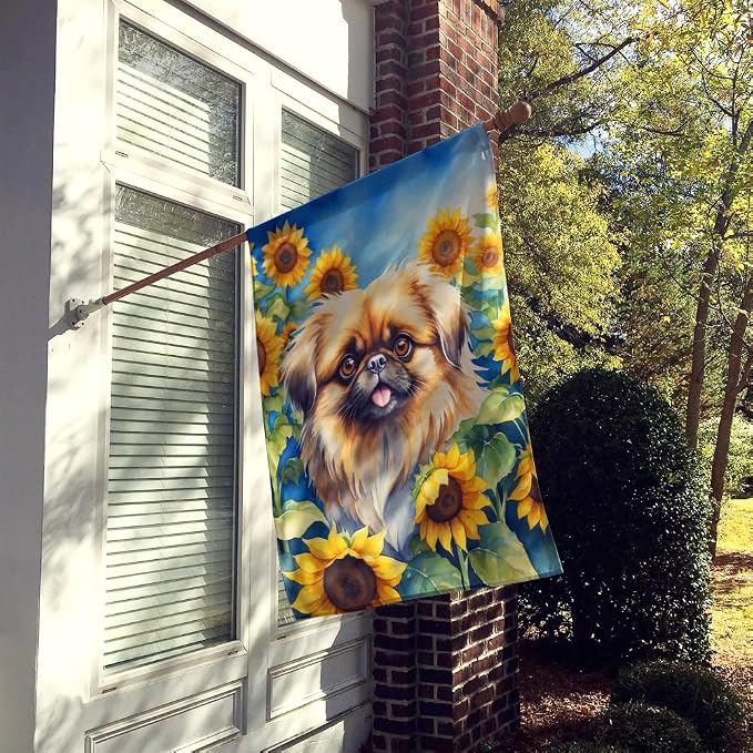Caroline's Treasures DAC6132CHF Pekingese in Sunflowers House Flag Large Porch Sleeve Pole Decorative Outside Yard Banner Artwork Wall Hanging, Polyester, House Size, Multicolor