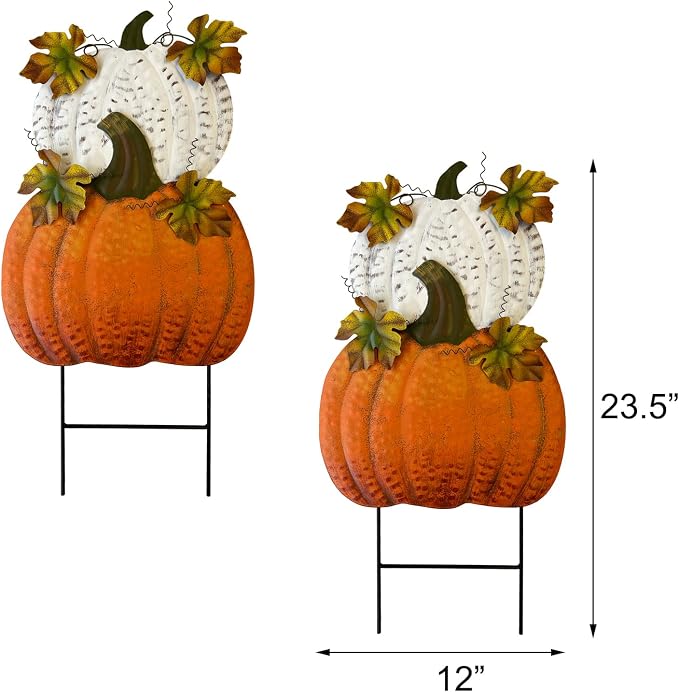 Set of 2 Metal Pumpkin Yard Stakes Fall Harvest Garden Lawn Yard Porch Outdoors Welcome Decorations, Autumn Halloween Thanksgiving Decorative Pumpkins Outdoor Décor