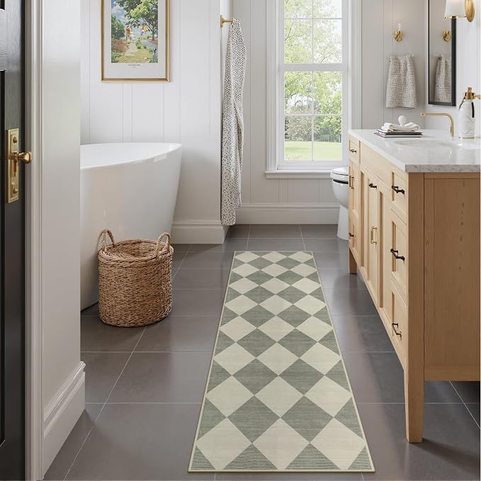 Beeiva Checkered Print Hallway Runner Rug Non Slip, Ultra Thin Washable Kitchen Runner Rug 2x6, Moroccan Neutral Green Soft Floor Carpet for Bedroom Laundry Room, Minimalist Diamond Hallway Decor
