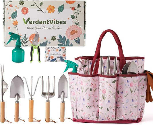 VerdantVibes Gardening Tools Set - 10 Piece Stainless Steel Garden Tools with Wood Handle, Pruners & Romantic Pink Floral Tote Bag - Cute Heavy Duty Gardening Gifts for Women Mom Wife