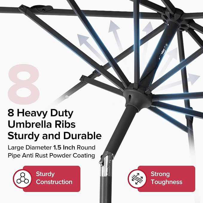 NEWBULIG 10ft Solar Patio Umbrella with 32 LED Lights, Table Market Umbrella with Tilt Adjustment & Crank Lift, Outdoor Sun Umbrella for Garden, Deck, Backyard, Pool and Beach