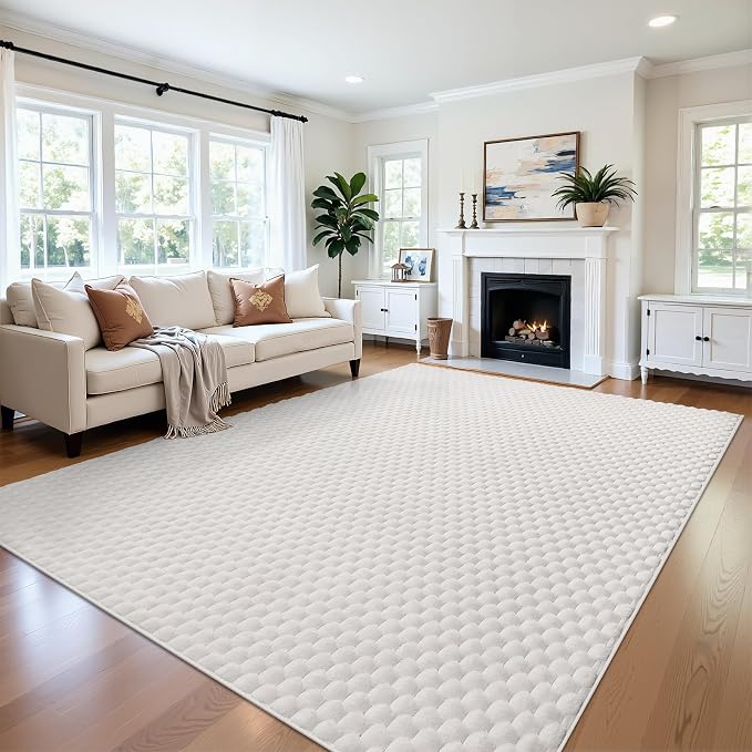 6x9 Area Rug for Living Room, White Washable 3D Bubble Bedroom Rug | Non Slip High Low Pile Hexagon Floor Mat for Dorm, Modern Soft Fluffy Carpet for Dining Room, Office and Nursery