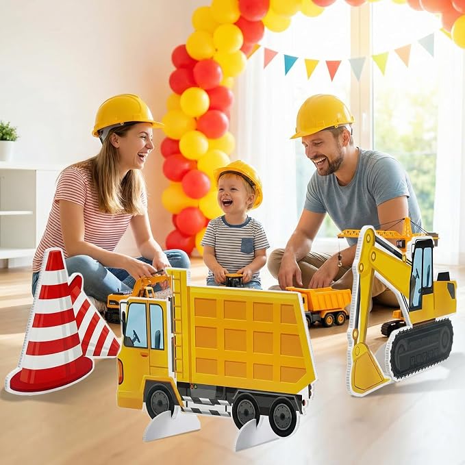 Large Construction Birthday Yard Signs with Stakes Excavator Dump Truck Traffic Cone Birthday Party Supplies Construction Theme Photo Booth Props for Home Outside Garden Lawn Birthday Decorations
