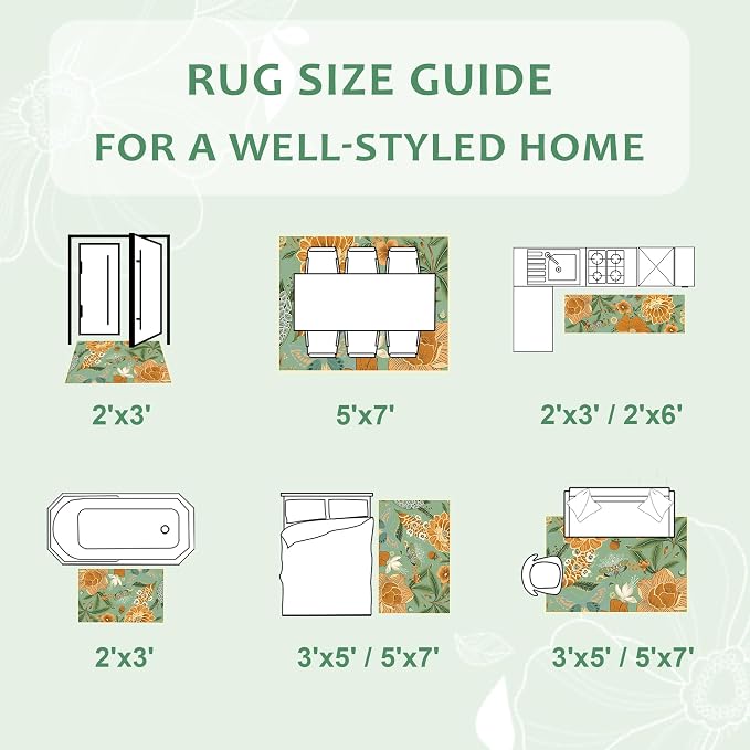 Tyrot Sage Green Boho Floral 2x3 Washable Kitchen & Entryway Rug Ultra-Thin Flat Woven Low Pile Botanical Butterfly Area Rug Non-Slip Indoor Door Mat for Bathroom Bedroom