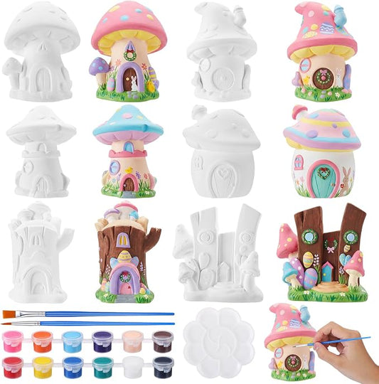 Acellegic 6 Pcs Ceramics Fairy House to Paint Ready to Paint Your Own Fairy Garden Mushroom Statue DIY White Ceramic Mushroom Houses for Yard Decor Summer Spring Painting Art