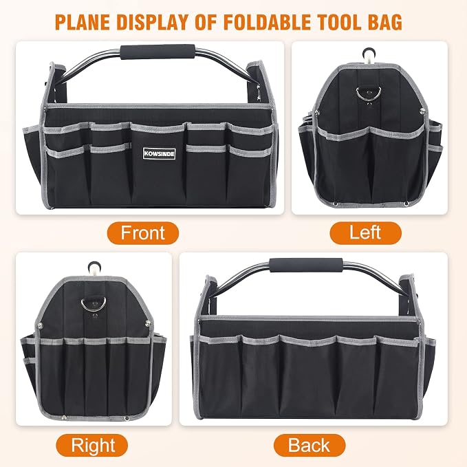 Kowsinde 16 Inch Tool Bag, Electrician Tool Bag, Open Top Tool Bags, 26 Pockets Can Hold Many Tools, Steel Handle and Removable Shoulder Strap