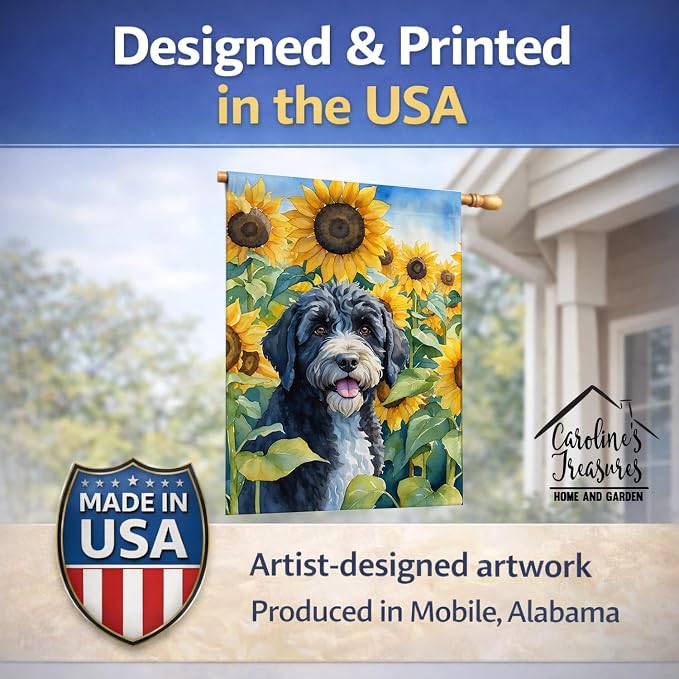 Caroline's Treasures DAC6143CHF Portuguese Water Dog in Sunflowers House Flag Large Porch Sleeve Pole Decorative Outside Yard Banner Artwork Wall Hanging, Polyester, House Size, Multicolor