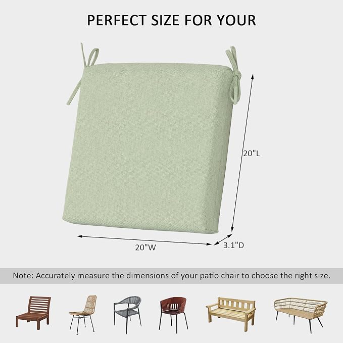 Outdoor Chair Cushions Set of 4,350GSM Fabric,Water-Resistant UV Resistant Weather Resistant with YKK Zippers, Square Corner Patio Chair Cushions with Ties, 20"x20"x3.1",Sage
