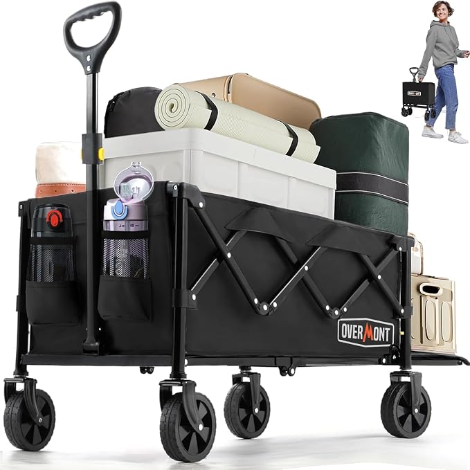 OVERMONT Collapsible Wagon Cart with Tailgate, 220 lb Lightweight Folding Utility Cart with Wheels, Compact Grocery Garden Sports Carrier for Shopping Camping Outdoor Use