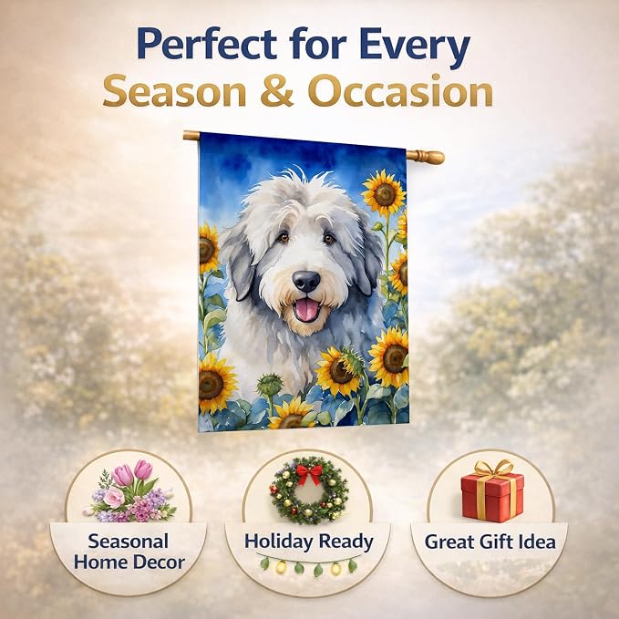 Caroline's Treasures DAC6129CHF Old English Sheepdog in Sunflowers House Flag Large Porch Sleeve Pole Decorative Outside Yard Banner Artwork Wall Hanging, Polyester, House Size, Multicolor