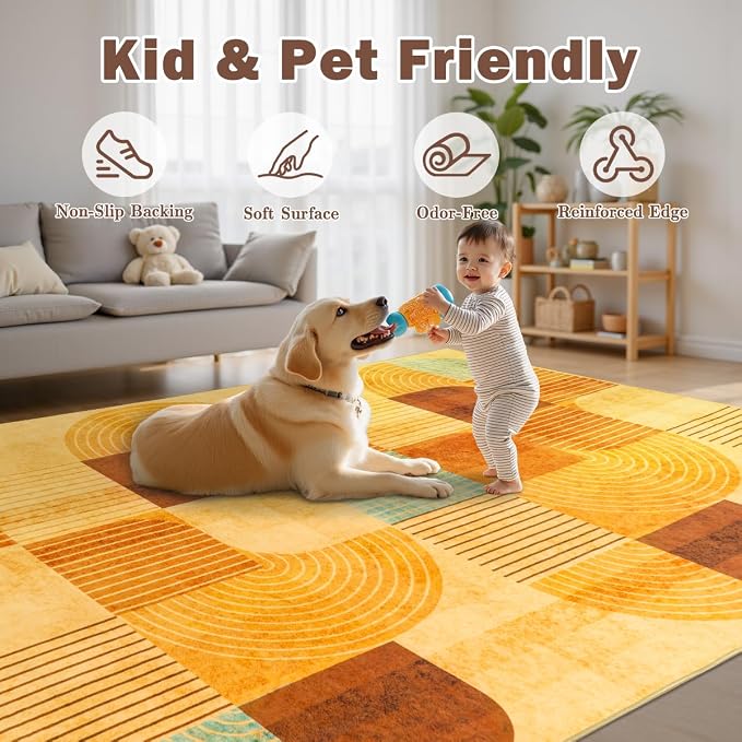 9'x12' Area Rug for Living Room, Washable Modern Abstract Soft Carpet | Non Slip, Indoor Floor Stain Resistant Large Carpet for Bedroom Dining Room Farmhouse Nursery Home Office, Burnt Orange