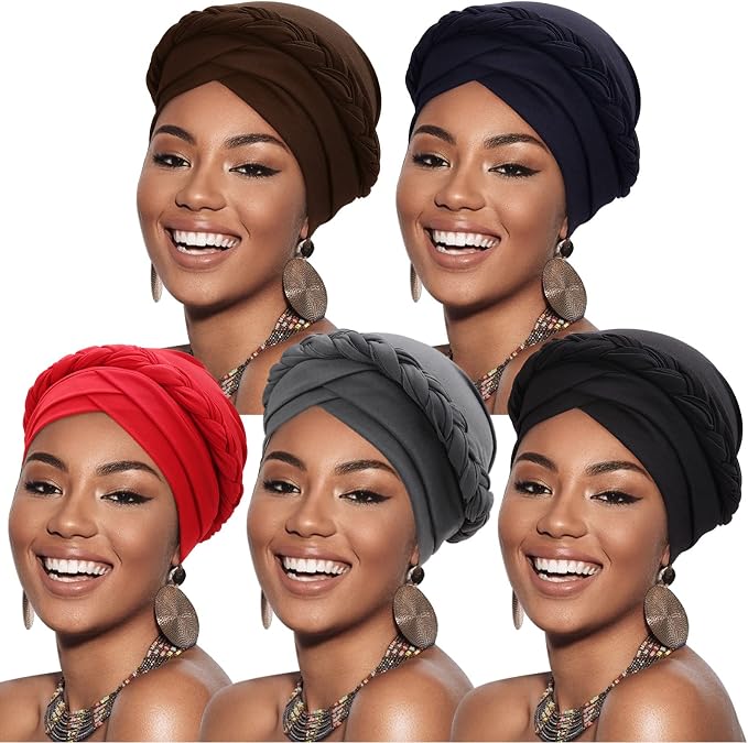 DRESHOW African Women Turban Caps Beanie Twist Headscarf Pre-Tied Twisted Braid Headwraps for Women Chemo Cancer Cap