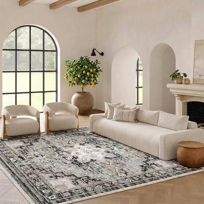 Washable Area Rug 8x10, Grey Vintage Persian Style Floral Living Room Rug | Machine-Washable Rug, Distressed Design Area Rugs, Modern Classic Transitional Style, Bedrooms Rug, Non-slip Backing