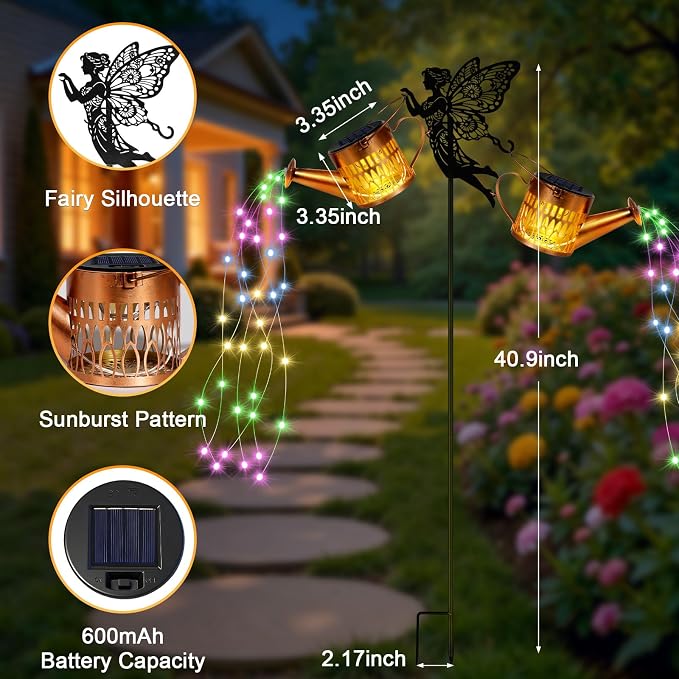 2 Pack Solar Watering Can Lights, Metal Solar Lights Outdoor Decorative with Fairy Silhouette Stake, Waterproof Hanging Lantern Garden Decor Light for Outside, Patio, Yard, Birthday Gifts, Multicolor