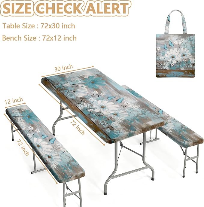 Picnic Table Cover with Bench Covers Elastic Edges, Outdoor Patio Camping Essentials 72 Inch 3PCS, Waterproof Camping Fitted Tablecloth with Handbags (Rustic Daisy Floral Art)