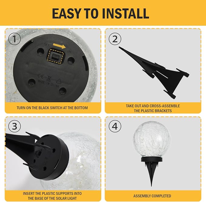 HOTEAGLE Solar Globe Lights Outdoor Waterproof-Large 2-Pack Solar Balls Lights for Outside Garden-Cracked Glass Ball Solar Lights for Garden Patio & Lawn Backyard Decor (Yellow, 5.9 inch)