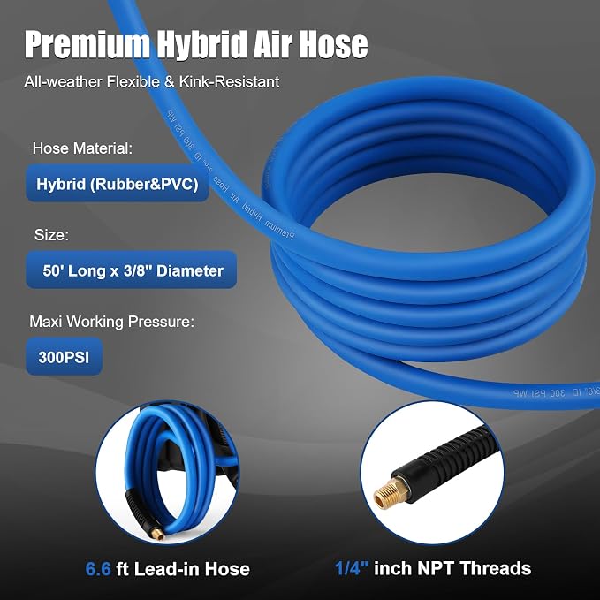 Himimi 50FT + 6.6FT Retractable Air Hose Reel, Ceiling/Wall Mount Penumatic Hose Reel for Garage Workshop, Auto Rewind, 3/8" x 50' Hybrid Air Hose Reel with Brass Fittings + Bend Restrictors, 300PSI