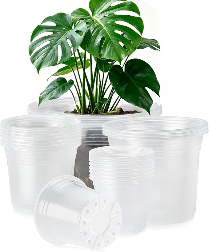24 Pcs Large Size Clear Nursery Pots for Plants 4/6/8/9.5 Inch for Seedlings, Succulents, Flowers, Herb, Vegetables, Plastic Pots with Drainage Holes, Garden Pot