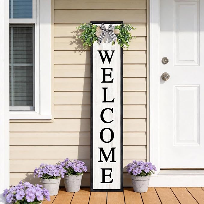 Welcome Sign for Front porch Standing 45"X9" Double-Sided Wood Frame Outdoor Tall Welcome Signs Vertical Decor for Farmhouse Rustic Home Modern Outside Front Door Wall Decorations
