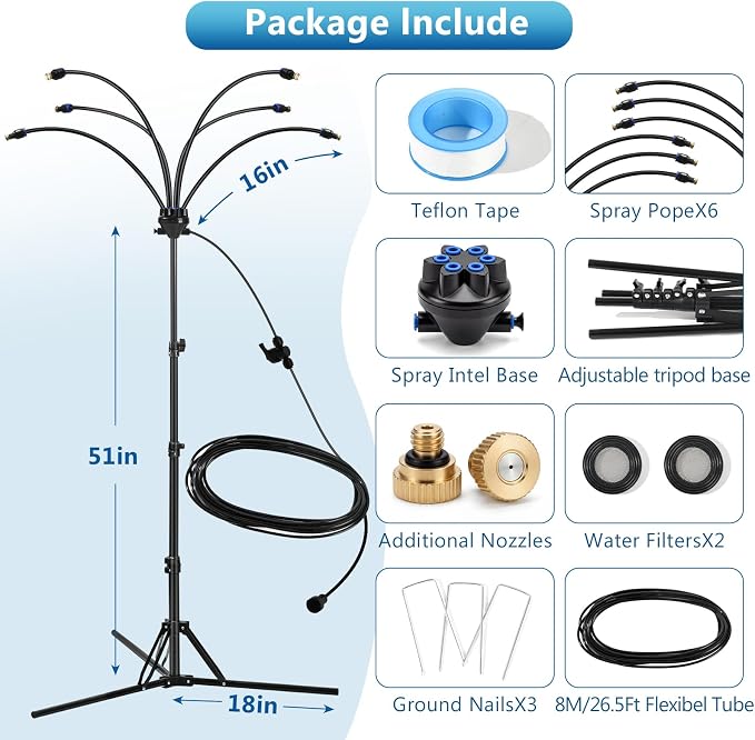 6-Adjustable Nozzle Standing Misters for Outside Patio - Easy to Install & Maintain, Customize Mist, Durable & Long-Lasting for Backyard Cooling