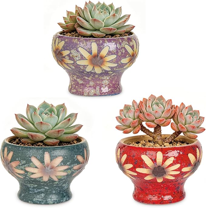 Sungmor Small Succulent Planters Set of 3, Beautiful Hand Crafted Ceramic Plant Pots Cute Cactus Pot, 4.9 Inch Flower Pots for Indoor Plants with Drainage, Desktop Windowsill Home Office Decor Pots