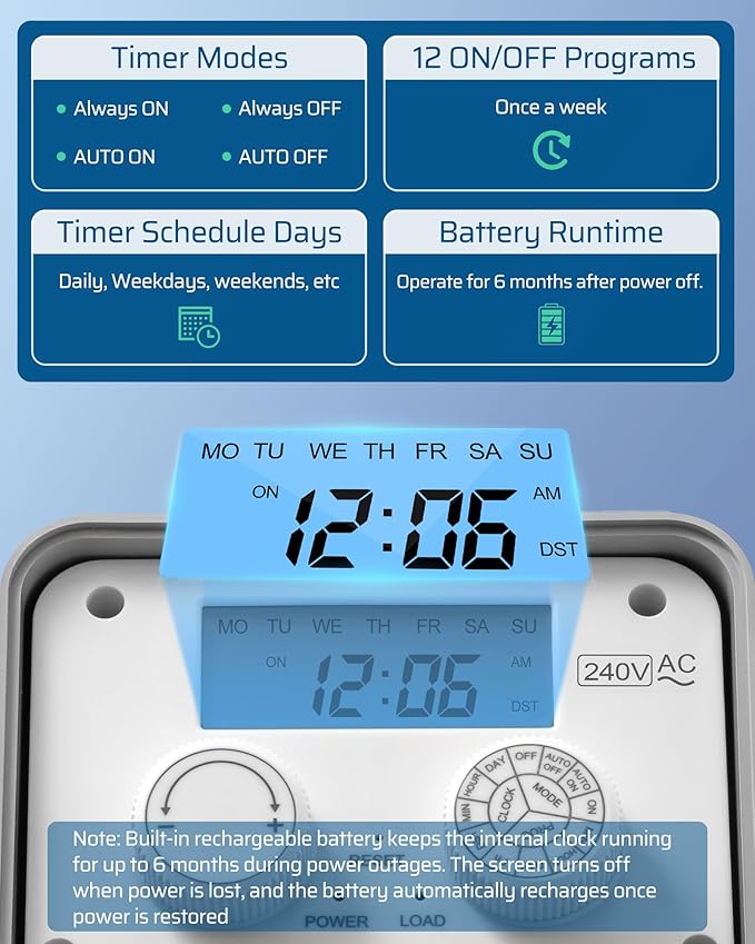 DEWENWILS Pool Pump Timer, Outdoor Digital Timer Box, 3HP 40A 240VAC, 7-Day 12 ON/Off Programmable Timer Switch for Pool Pump, Water Heater, Pool Filter, Landscape Lights, ETL Listed