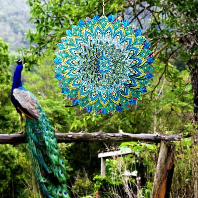 Peacock Wind Spinners Outdoor, 12 Inch Stainless Steel Spinfinity Wind Spinner, Wind Chimes Garden Decor for Outside, 3D Kinetic Hanging Sculpture Suncatcher, Metal Yard Art Ornament, Gifts
