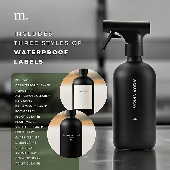 MAISONOVO Glass Spray Bottles 16 Oz Pack of 2 - Durable Black Spray Bottle with Fortified Glass & Fine Mist Pumps - Ideal for Salons, Barbers, Stylists, Pet Groomers & Daily Hair Care - 16 Labels