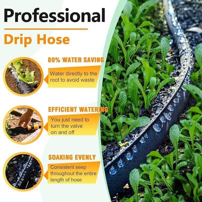 LAVEVE 200FT Flat Soaker Hose, Heavy Duty Garden Watering Hose, Flexible Leakproof Drip Irrigation Hose Saves 80% Water for Lawn, Flower Beds, Vegetable Field (50FT x 4 Pack)