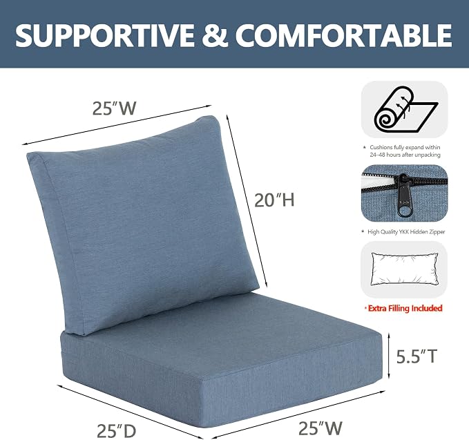 Goodgoods 25 x 25 Sunbrella Outdoor Patio Deep Seat Cushions 2-Pack, Fade-Resistant & Water-Resistant Furniture Chair Cushions with 30D High-Resilience Foam for Sofa, Spectrum Denim