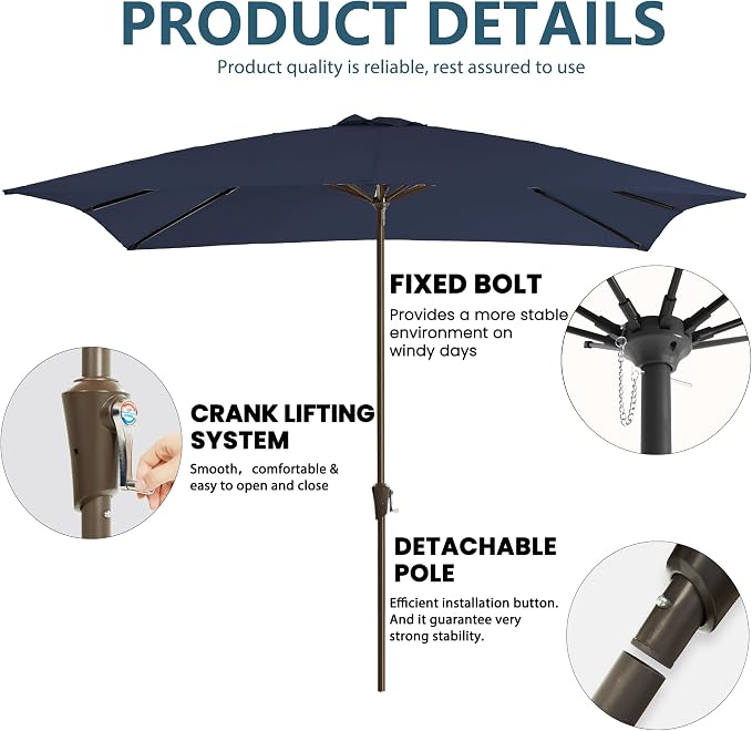 8x10FT Rectangular Patio Umbrella with Crank Lift for Garden,UV Protection Outdoor Umbrella for Deck,Pool and Yard,Navy