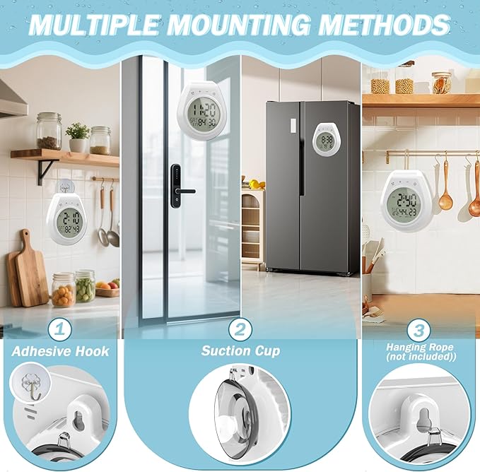 Shower Clock w/Timer Waterproof, Digital Bathroom Wall Clock w/Temperature | w/Date, Suction Cup, for Mirror, Bath, Kitchen, Battery Operated, White