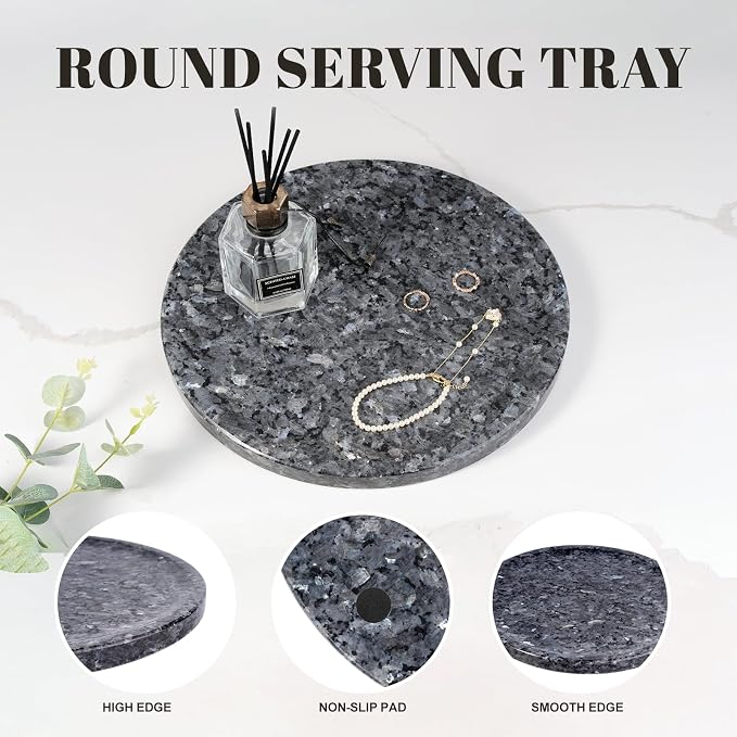 Karibiber Natural Marble Tray, 11.8in Serving Tray for Fruit, Round Decorative Vanity Stone Plate for Jewelry&Key, Quality Storage Dish for Kitchen Coffee Table and Bathroom Desktop, Blue Pearl