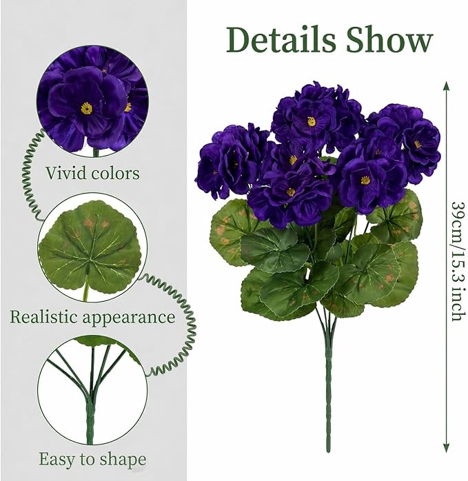 24 Pcs Artificial Geranium Flowers for Outdoor, UV Resistant Geraniums Artificial Flowers Realistic Faux Flowers Outdoor for Planters Outside Porch Garden Decor (15.3", Purple)