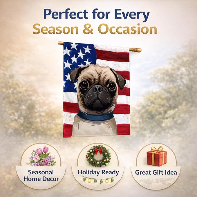 Caroline's Treasures CK6665CHF Pug Dog American Flag House Flag Large Porch Sleeve Pole Decorative Outside Yard Banner Artwork Wall Hanging, Polyester, House Size, Multicolor